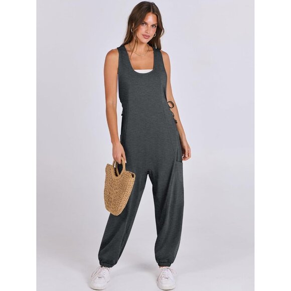 Women Dark Grey Overall Jumpsuit Loose Casual Dressy Sleeveless Baggy Romper - Picture 3 of 6